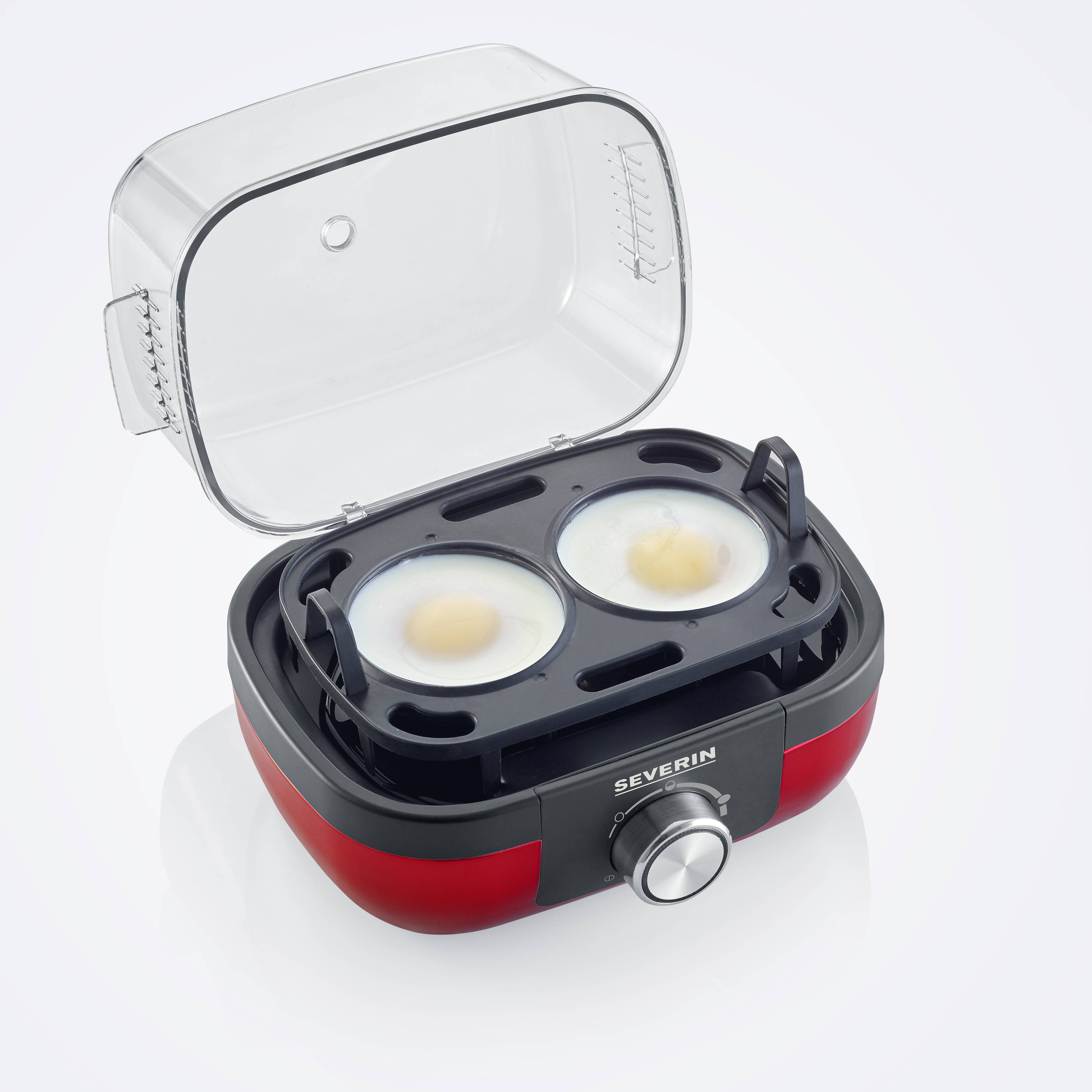 Severin 3168 Eierkocher BPA-frei, mit Messbecher, mit Eierstecher Rot (metallic), Schwarz