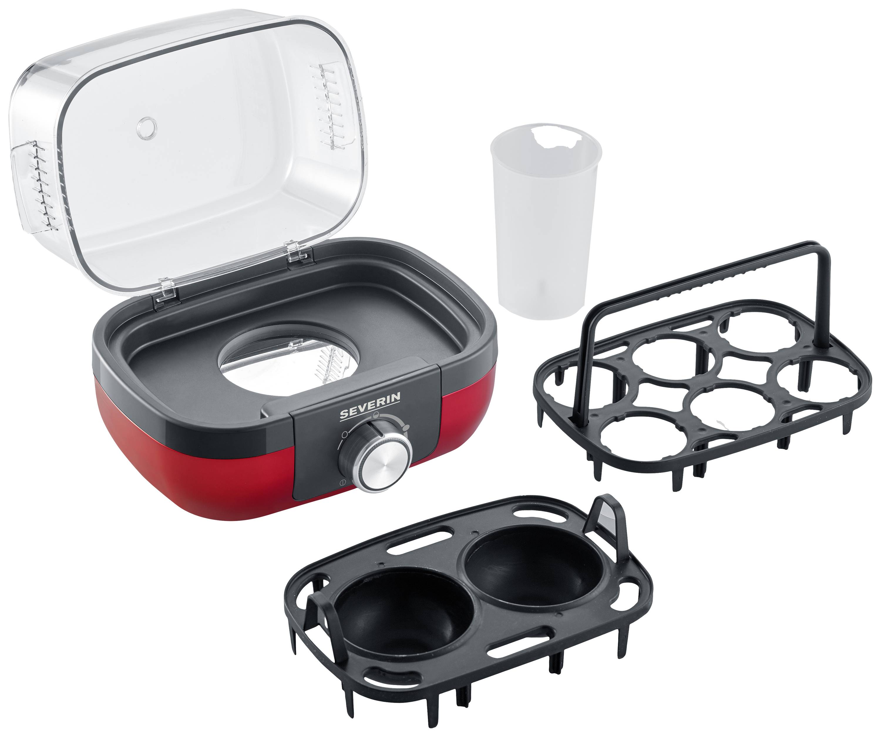 Severin 3168 Eierkocher BPA-frei, mit Messbecher, mit Eierstecher Rot (metallic), Schwarz