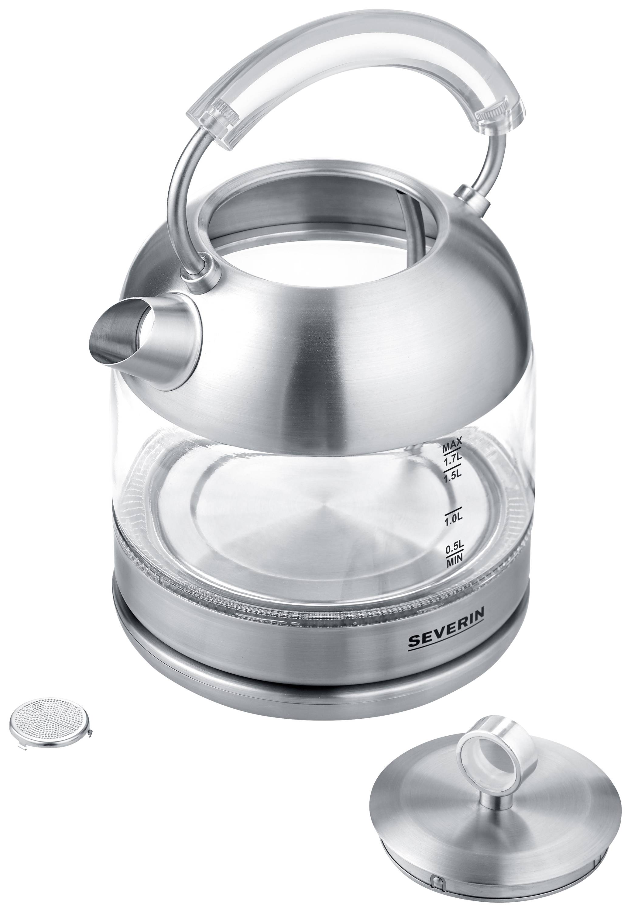 Silberner Wasserkocher aus Glas mit transparentem Behälter, Skala für Wasserstand und Edelstahlgriff. Deckel und Filter daneben.