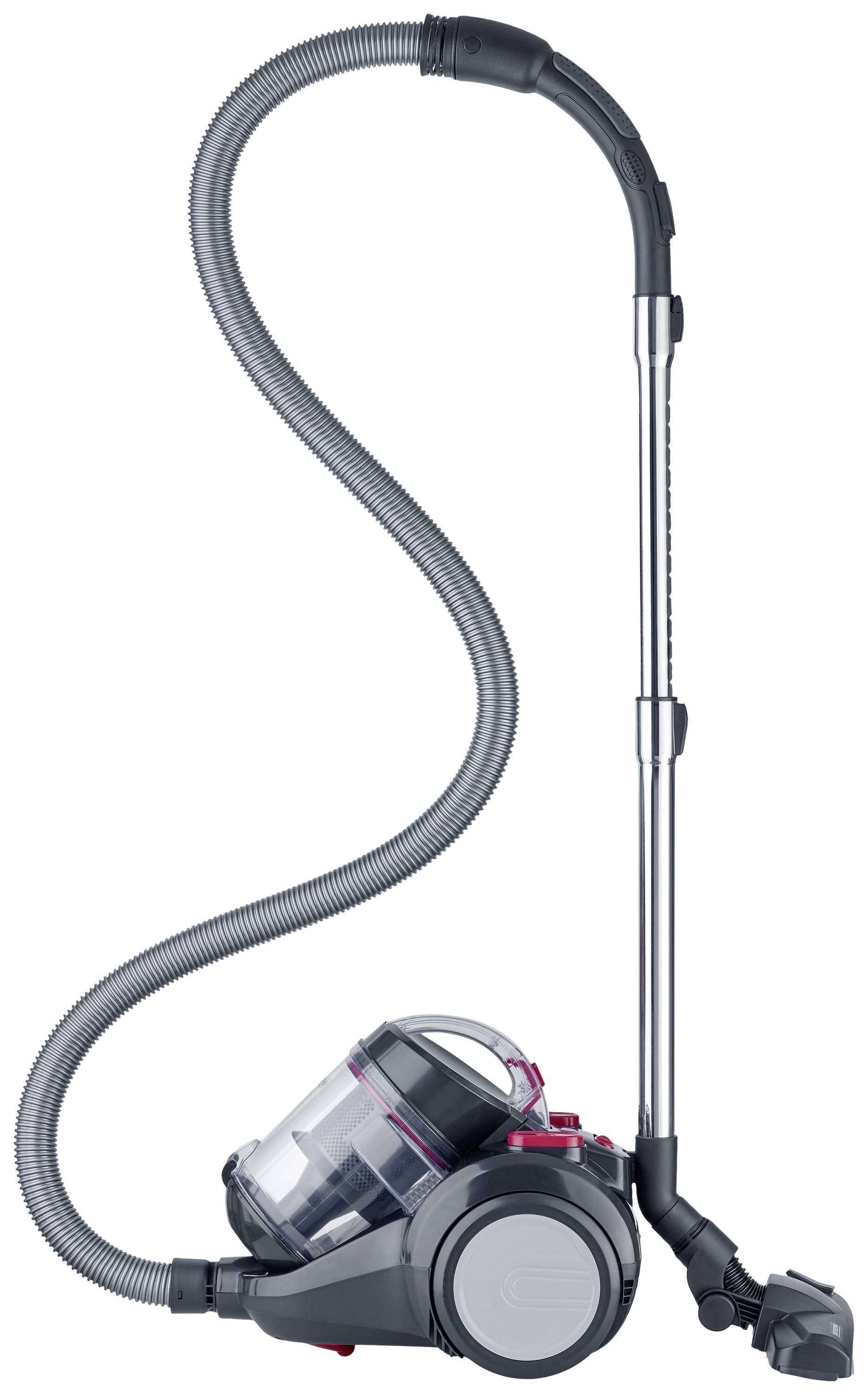 Staubsauger ohne Beutel mit langem Schlauch und teleskopierbarem Metallrohr, graues Gehäuse mit transparentem Behälter.