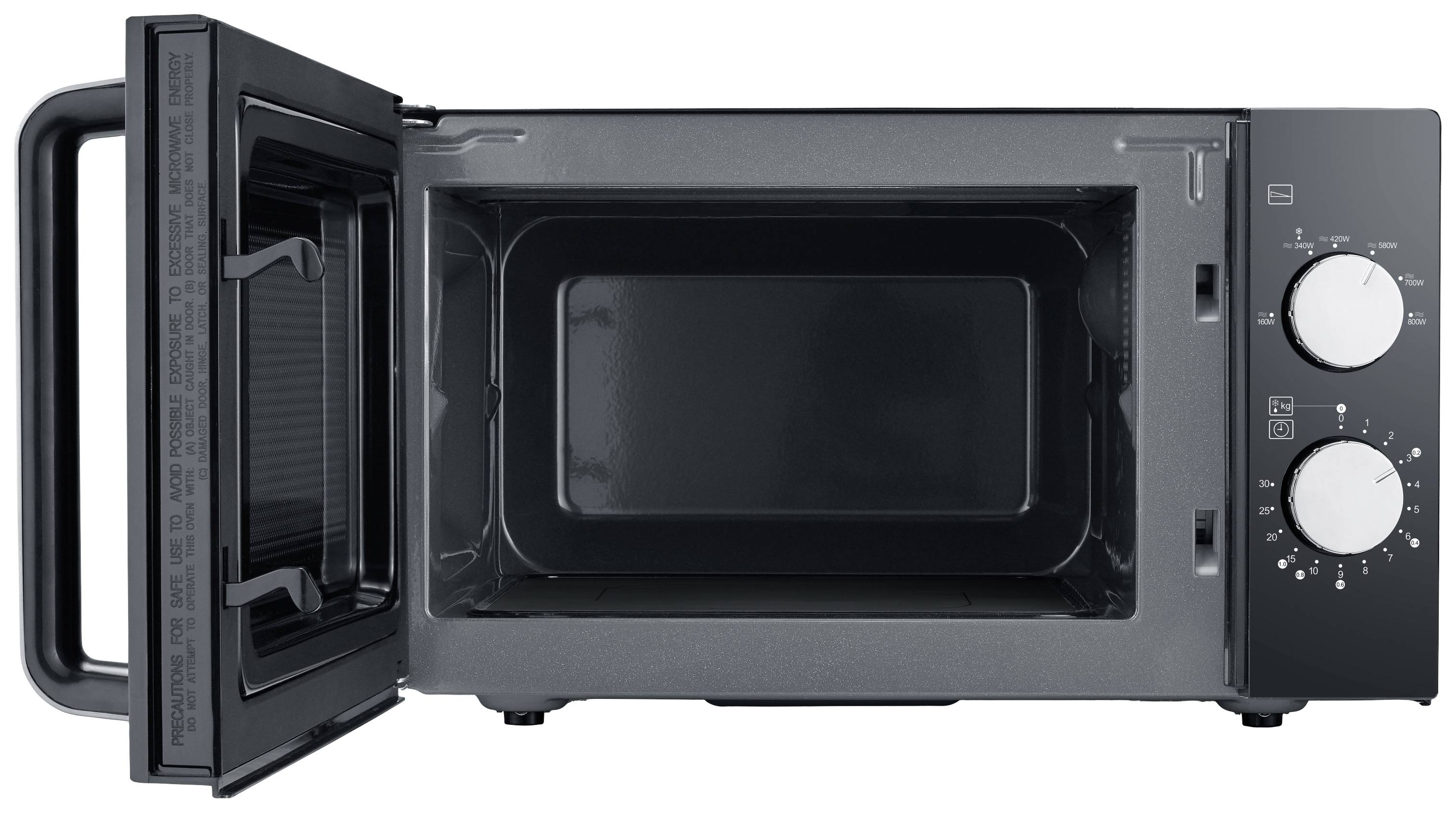 Mikrowellenherd mit geöffneter Tür, zeigt Innenraum. Zwei Drehknöpfe an der rechten Seite zur Steuerung.