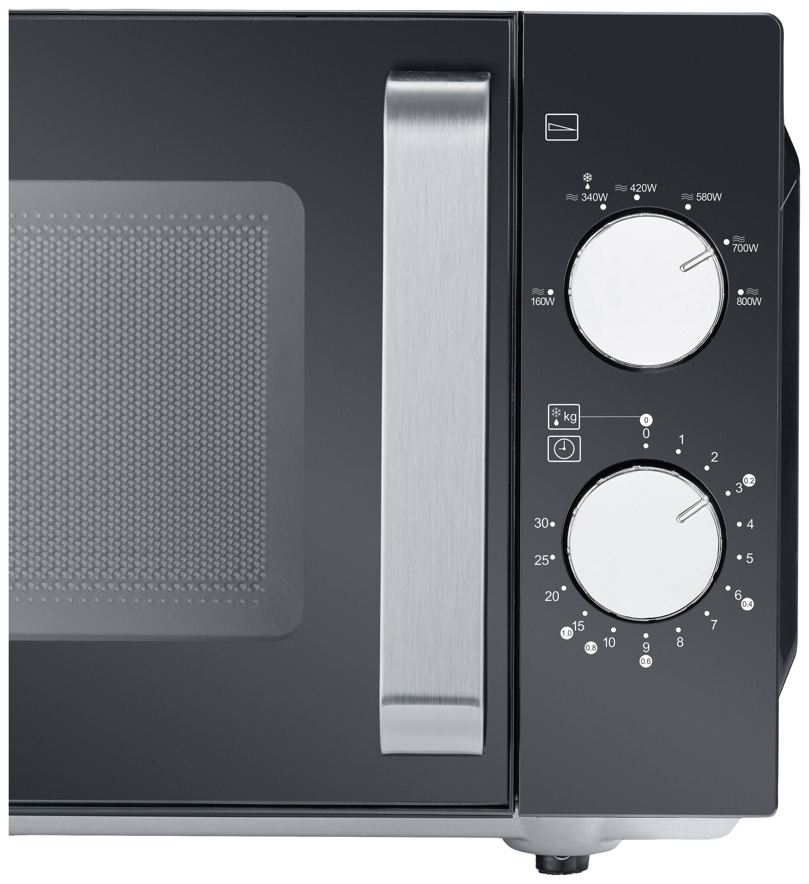 Eine Mikrowelle mit zwei Drehknöpfen für Leistungseinstellung und Timer. Die Leistungsskala reicht von 120W bis 750W, der Timer von 0 bis 30 Minuten.