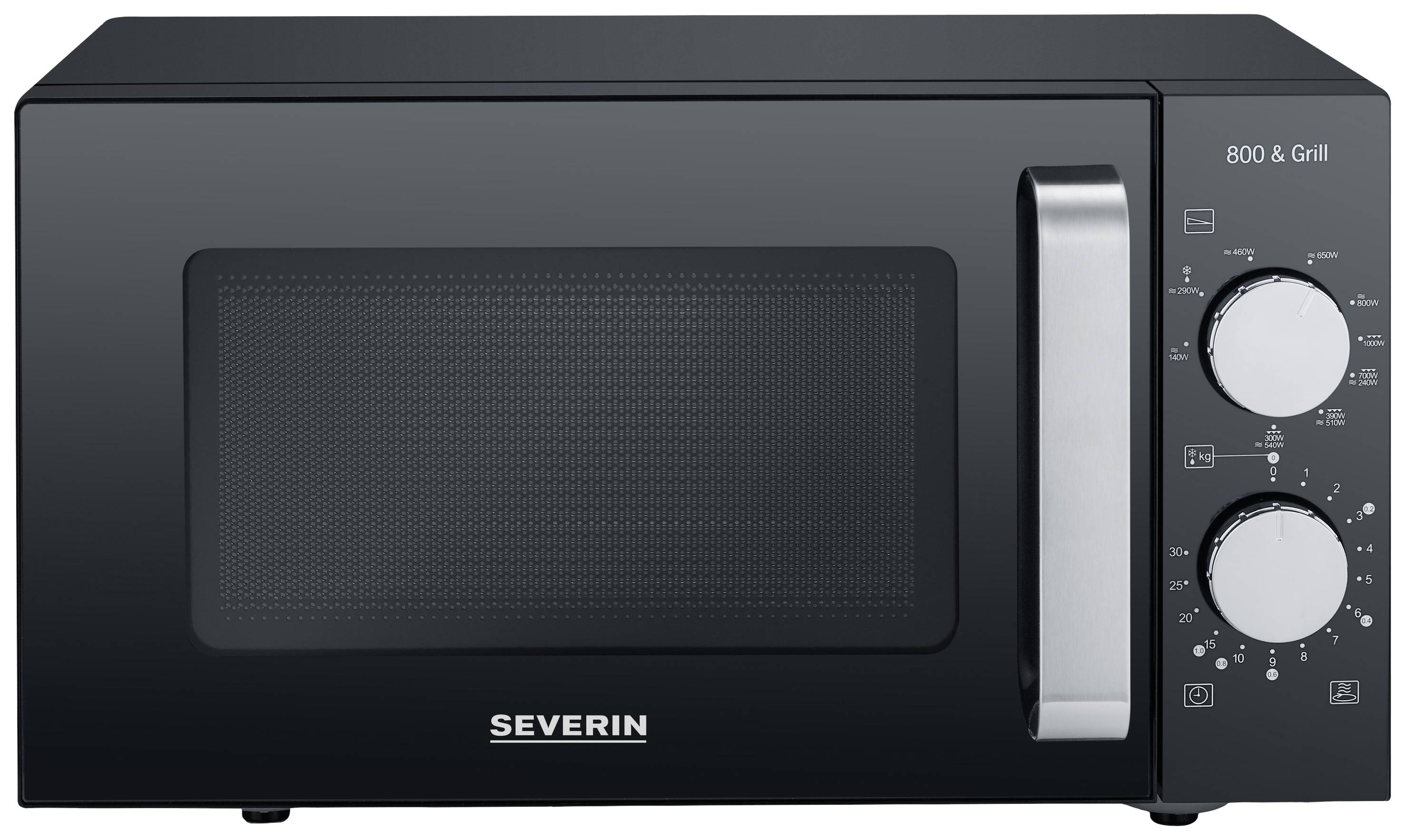 Eine schwarze Mikrowelle mit Drehknöpfen für Leistung und Zeit, Marke 'SEVERIN', bietet Grill- und Mikrowellenfunktionen bis 800 W.