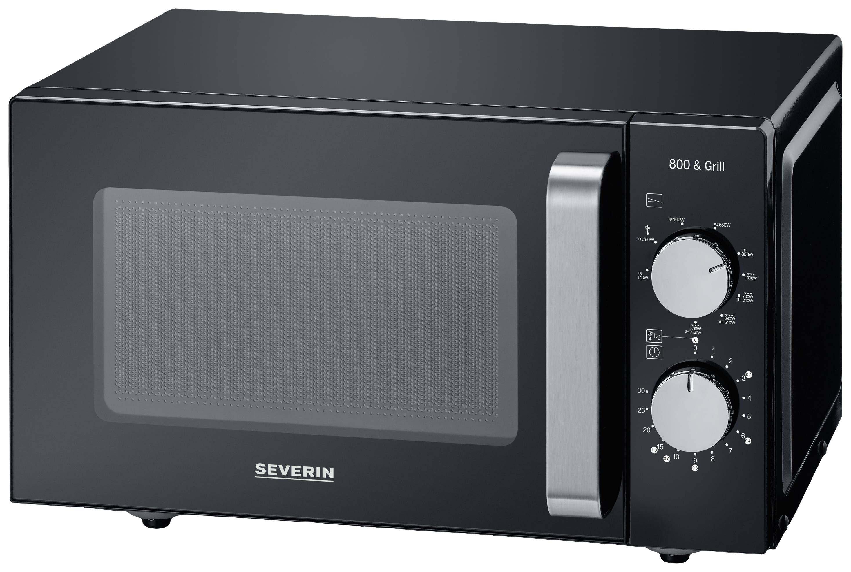 Eine schwarze Mikrowelle mit silbernem Griff und zwei Drehknöpfen an der Seite, geeignet für 800 Watt und Grillfunktion.