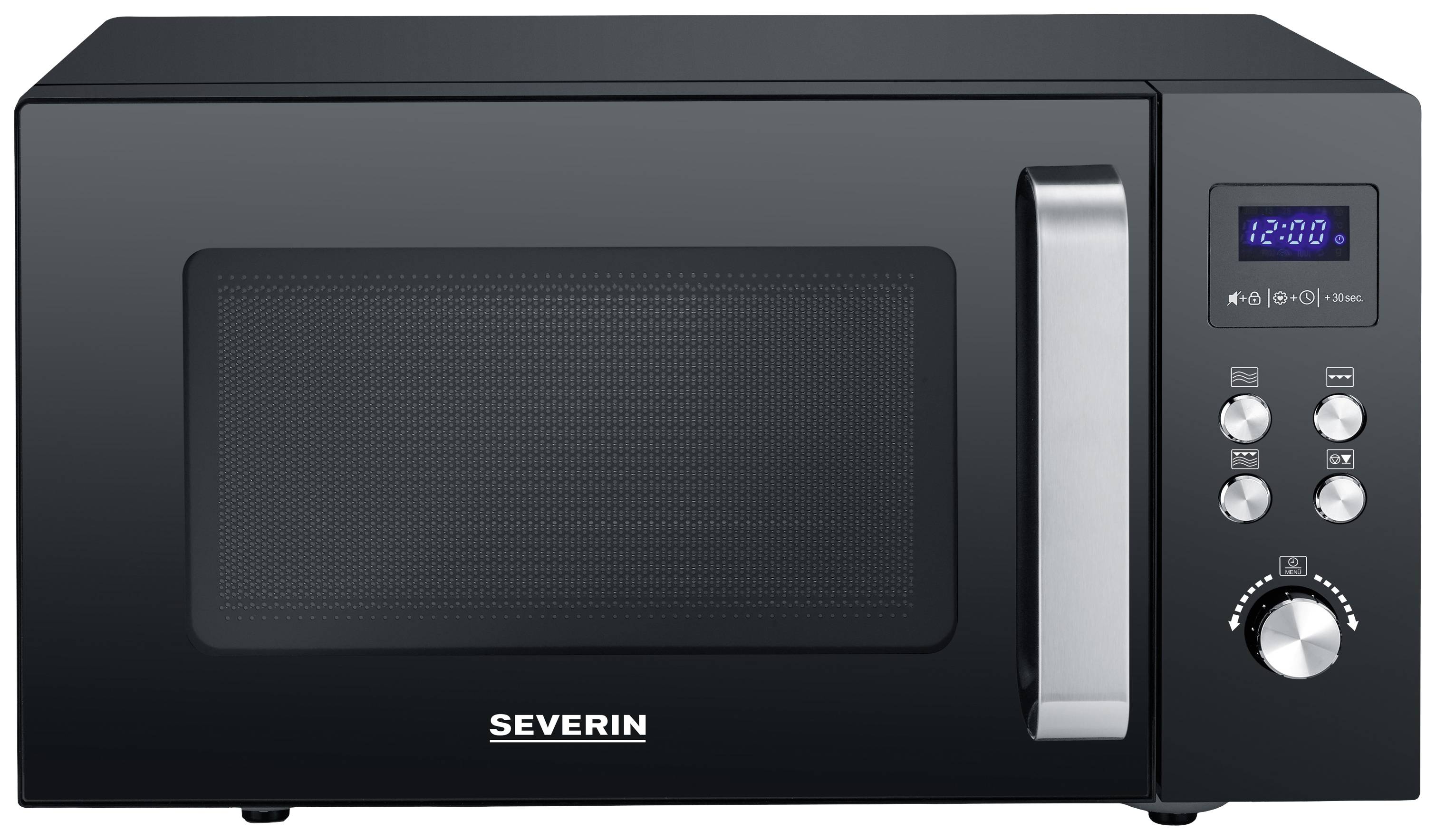 Schwarze Mikrowelle von Severin mit digitalem Display und Bedienknöpfen auf der rechten Seite. Einfache, moderne Ausführung.