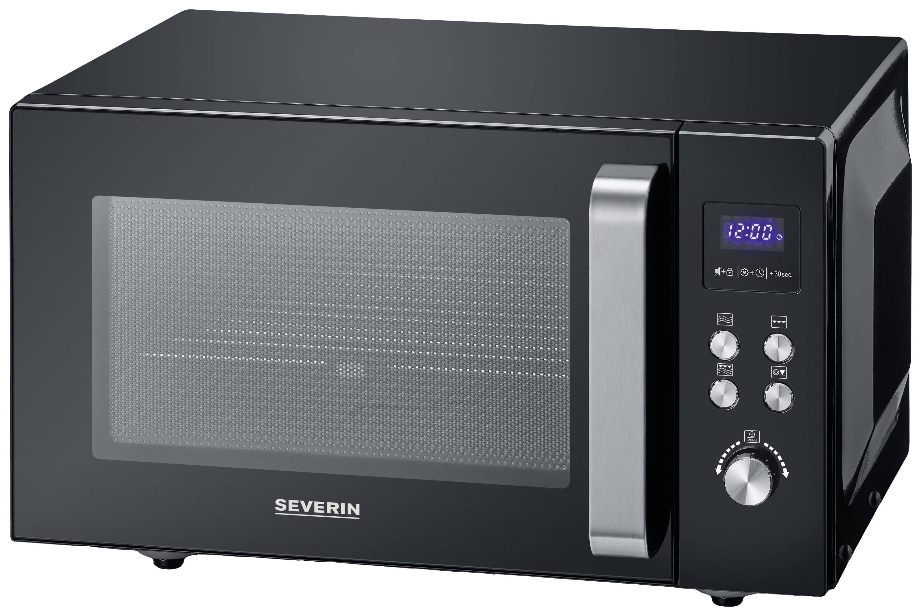 Schwarze Mikrowelle mit digitalem Display, das '12:00' zeigt. Rechtsseitig befinden sich Bedienknöpfe und ein Drehregler.