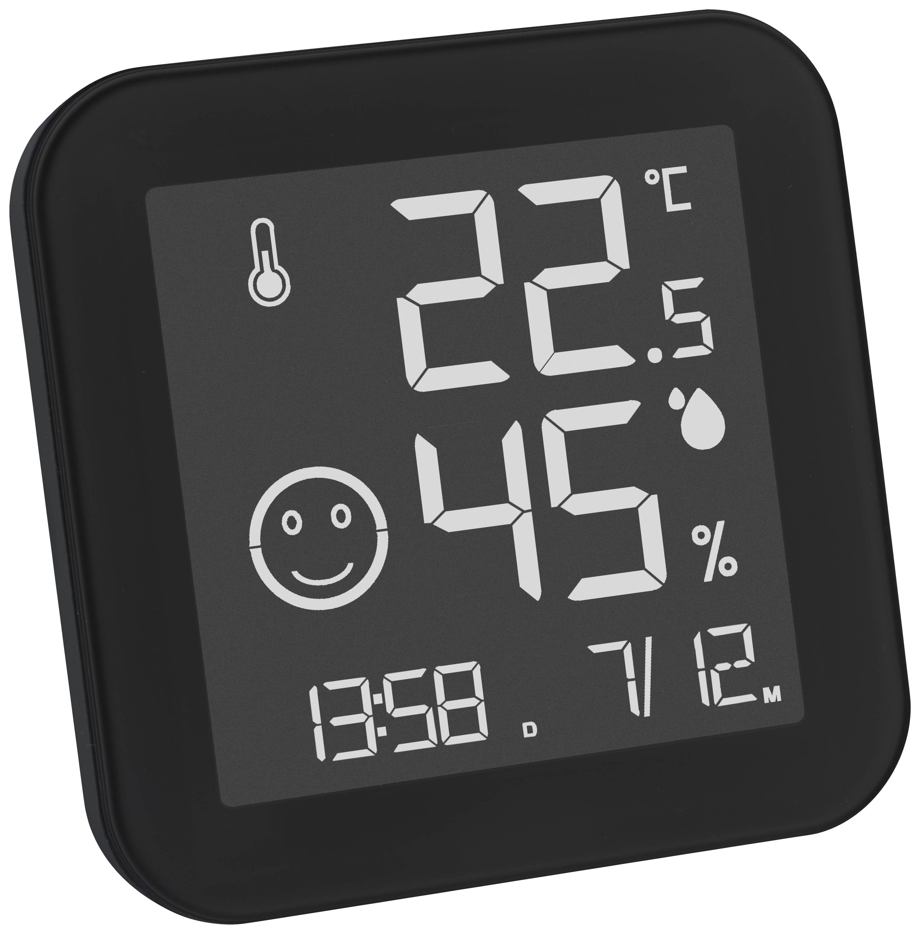Digitales Thermometer und Hygrometer zeigt '22,5°C', '45%' Luftfeuchtigkeit, Datum '7/12', Uhrzeit '13:58'. Smiley zeigt angenehme Bedingungen an.
