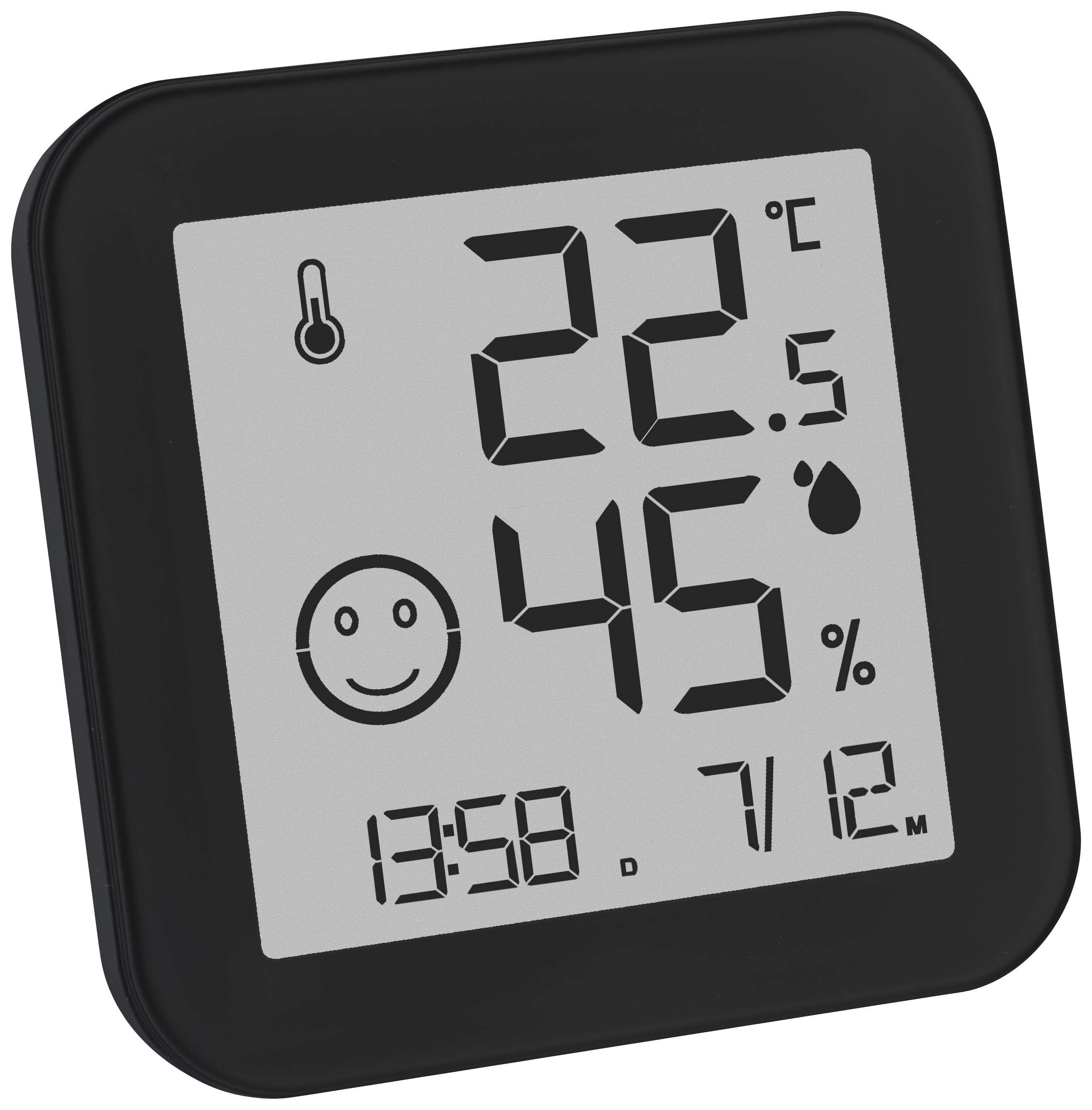 Digitales Thermometer-Hygrometer mit schwarzem Rahmen zeigt 22,5 Grad Celsius, 45% Luftfeuchtigkeit und eine Uhrzeit von 13:58 an.