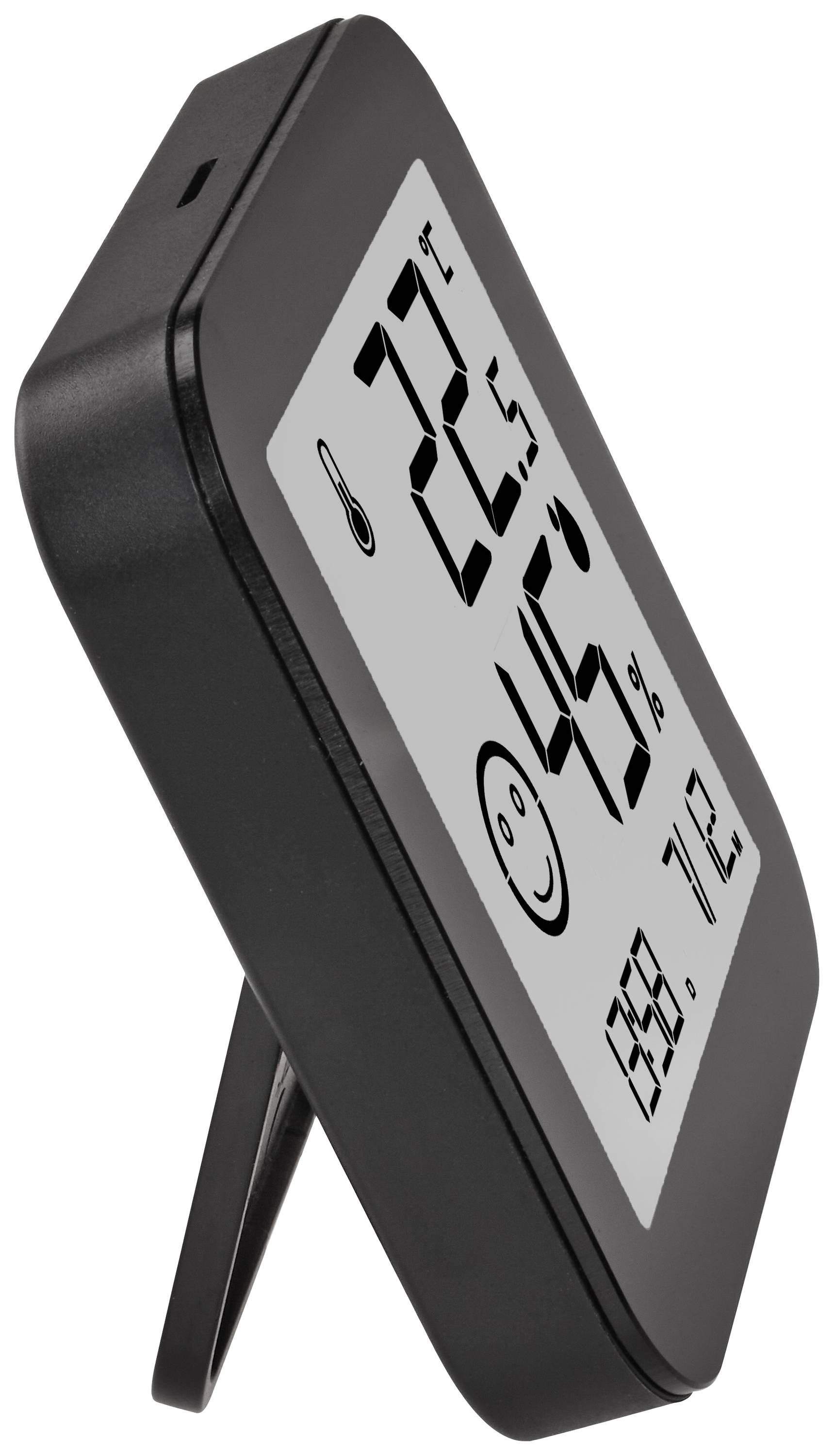 Digitales Thermometer mit Hygrometer zeigt 22,5 Grad Celsius und 45% Luftfeuchtigkeit an, mit einem lächelnden Gesichtssymbol.