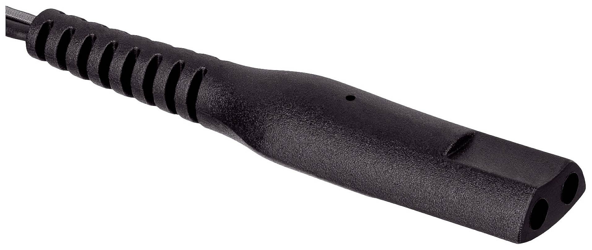 Ein zweipoliger, schwarzer Gerätestecker mit gerilltem Griff, möglicherweise für Elektrogeräte, isoliertes Kabel sichtbar.