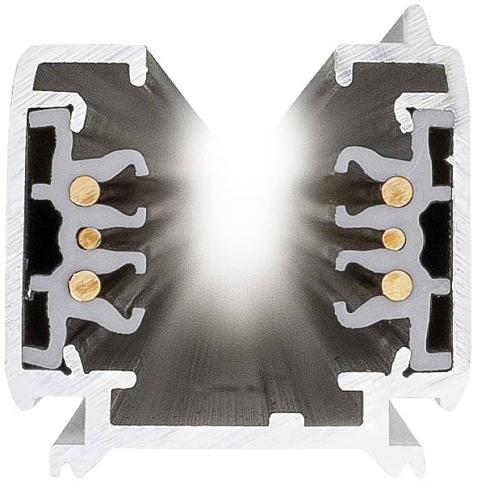 Querschnitt eines Aluminiumprofils mit internen Kupferkabeln, zeigt ein LED-Profil mit Kühlkörper und Kabelkanälen zur Lichterzeugung.