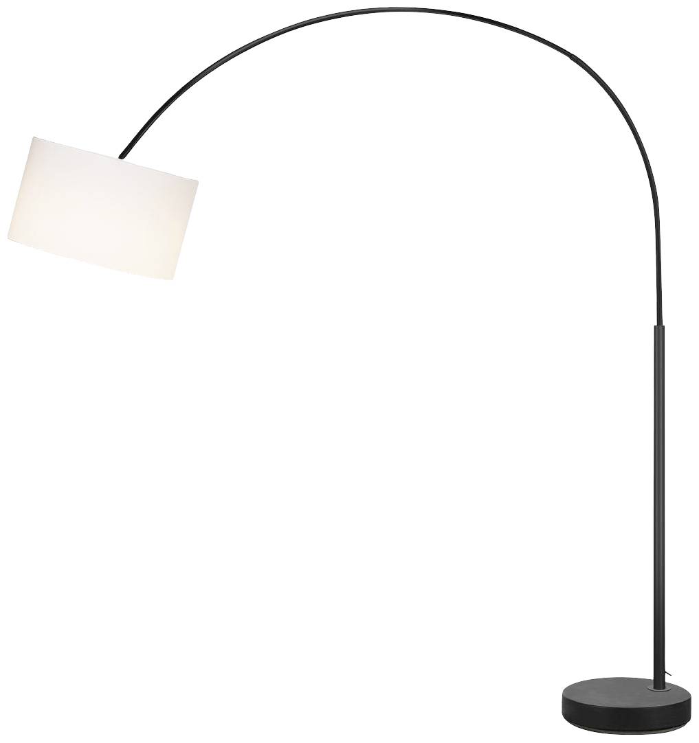 Eine hohe, schwarze Bogenlampe mit einem weißen, rechteckigen Lampenschirm. Sie steht auf einem runden, schwarzen Sockel.