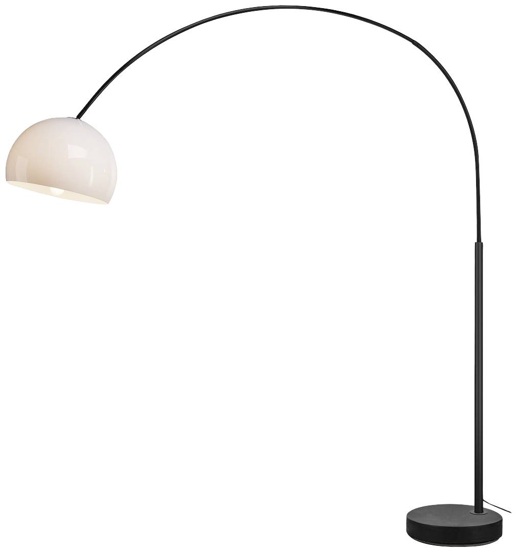Stehlampe mit gebogenem, schwarzem Ständer und weißem, halbkugelförmigem Lampenschirm. Ideal für modernes Wohndesign.