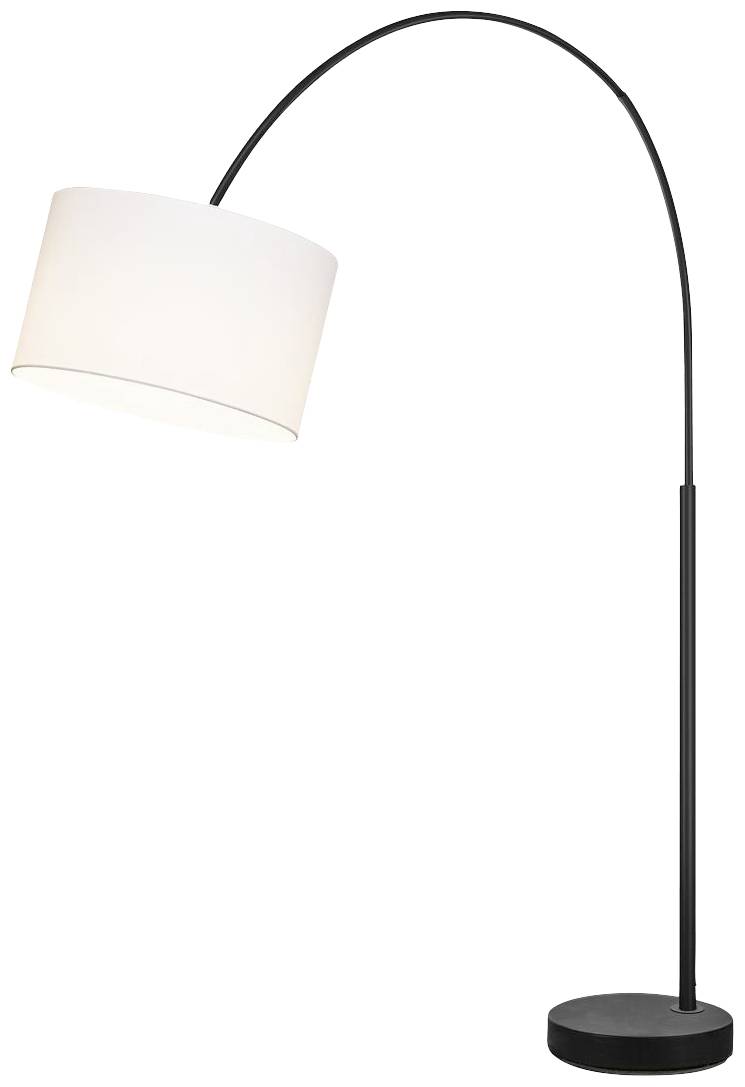 Stehleuchte mit gebogenem schwarzen Metallrahmen und großem, weißem, zylindrischem Lampenschirm. Minimalistisches Design.