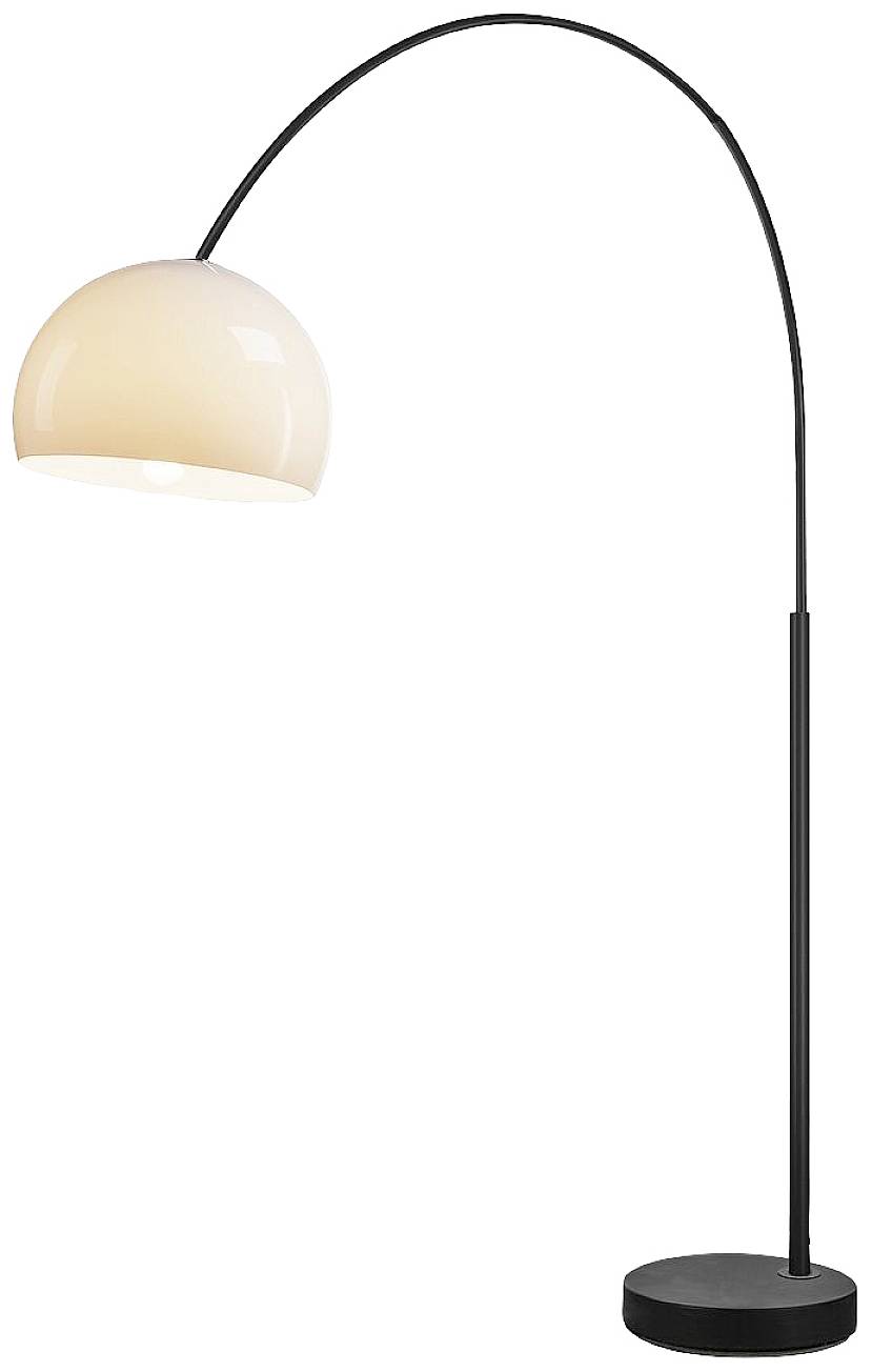 Höhenverstellbare Bogenlampe mit schwarzem, gebogenem Standfuß und weißem, halbrundem Lampenschirm. Ideal für moderne Wohnräume.