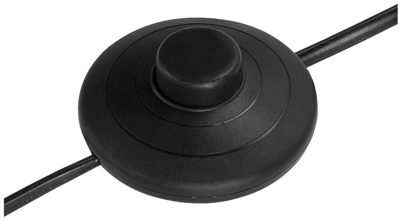 Ein runder, schwarzer Fußschalter mit einem zentralen Druckknopf, zum Ein- und Ausschalten eines Geräts, mit zwei Kabelanschlüssen.