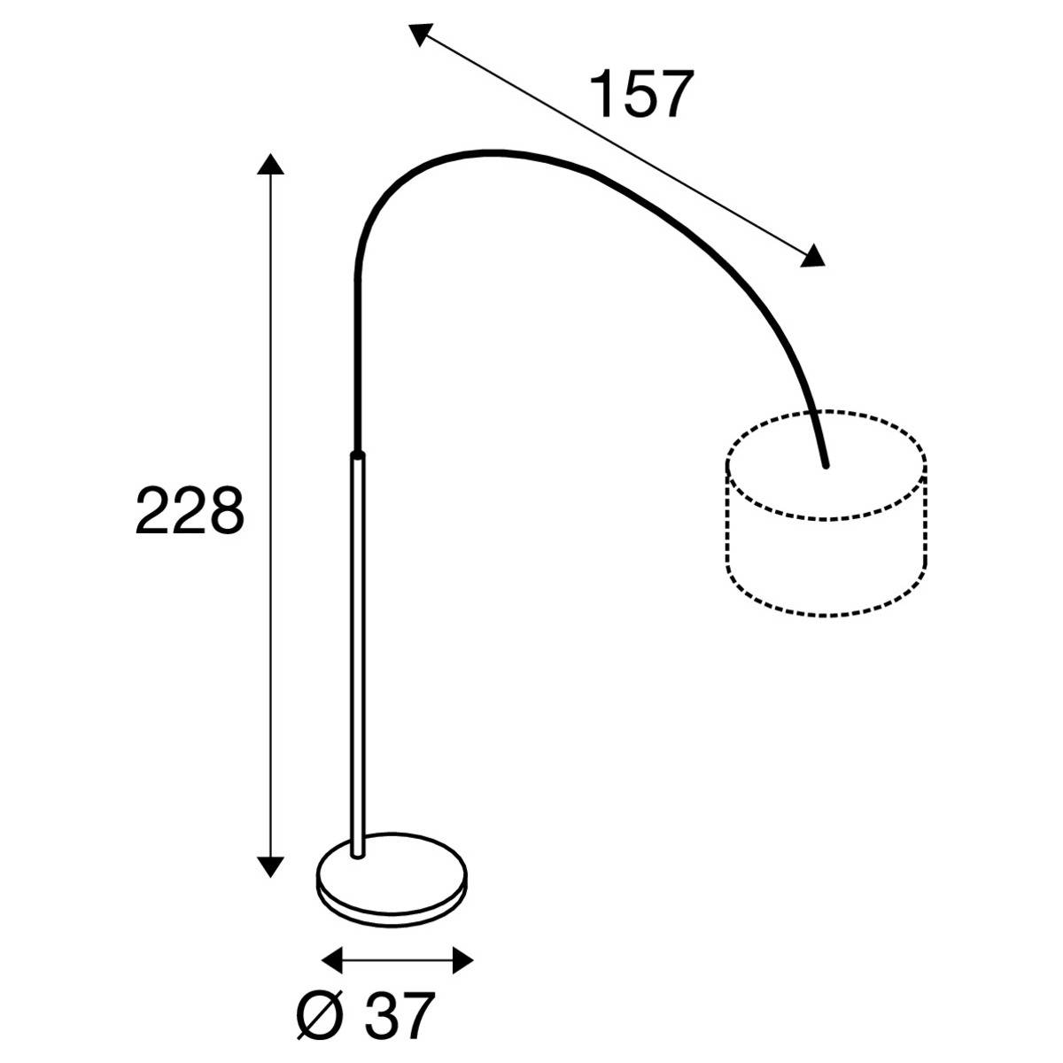 Stehlampe Skizze mit Maße: Gesamthöhe 228 cm, Breite 157 cm, Basisdurchmesser 37 cm. Armlänge und Schirmposition dargestellt.
