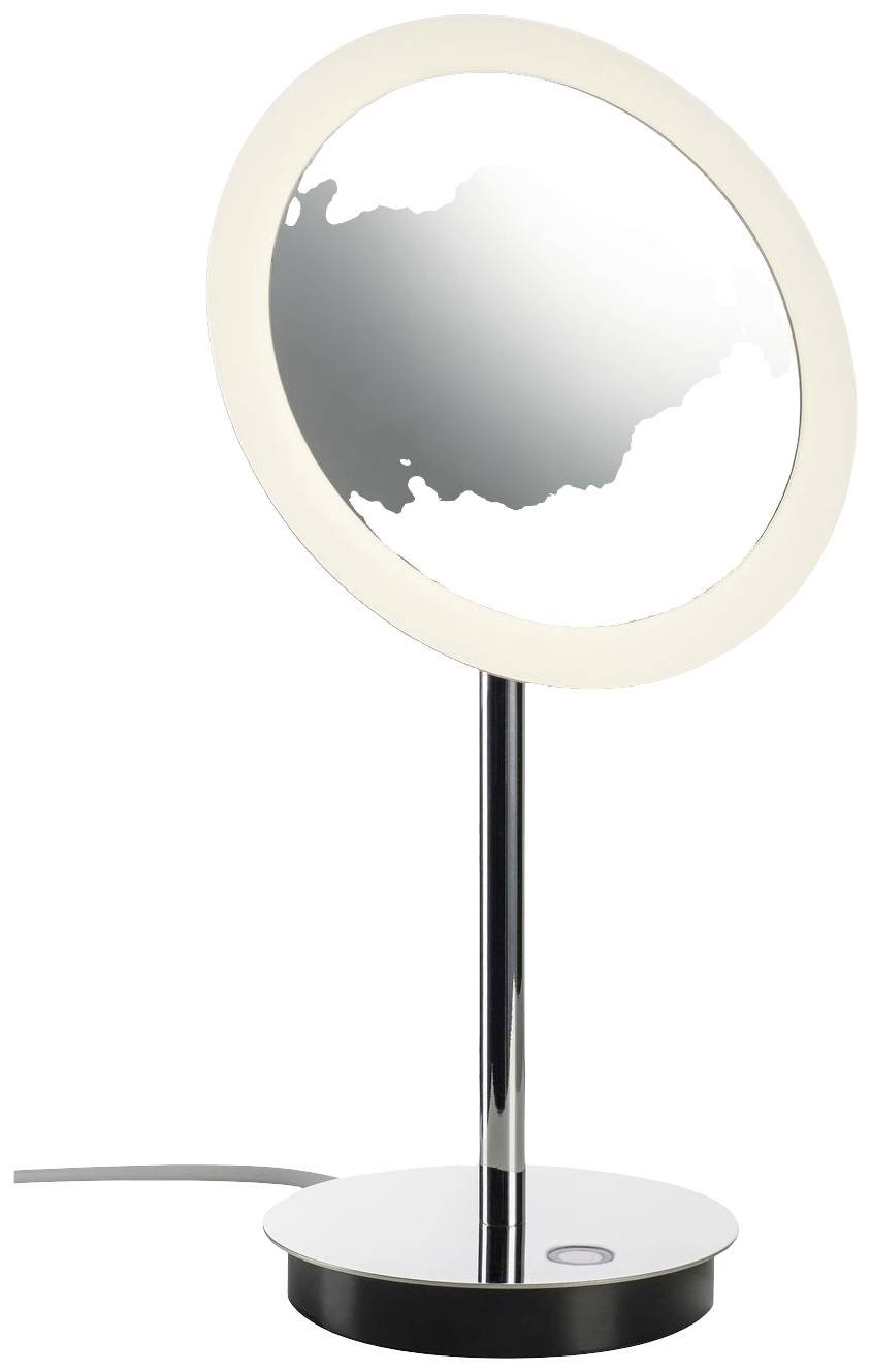 Ein runder, beleuchteter Standspiegel auf einem Metallfuß. Der Spiegel hat eine glatte Oberfläche und reflektiert Licht leicht.