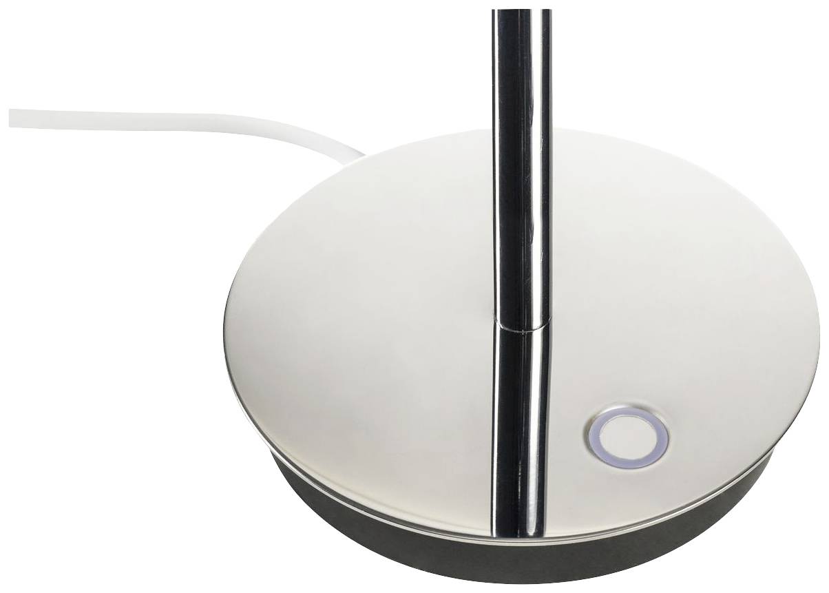 Eine silberne runde Basis einer Lampe mit einem dünnen, aufrechten Stab und einem runden Druckknopf auf der Basis.