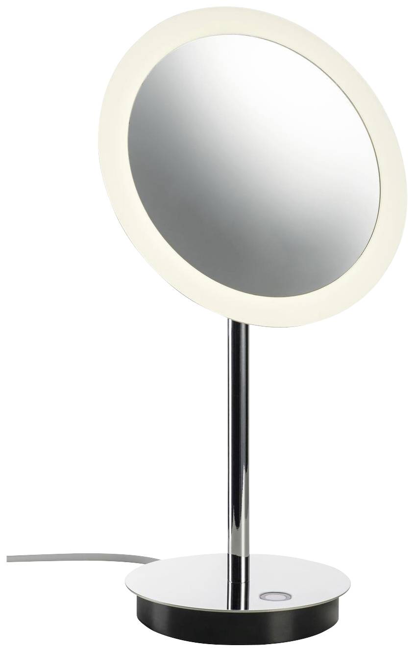 Ein runder, beleuchteter Schminkspiegel steht auf einem metallischen Sockel mit einem dünnen Stiel. Ein Kabel ist am Sockel angeschlossen.