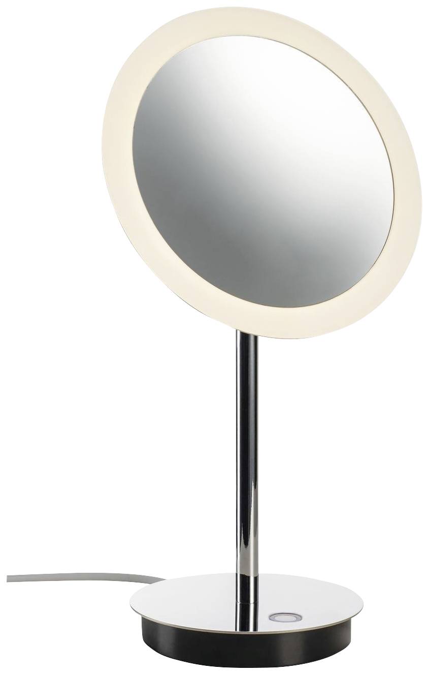 Kosmetikspiegel mit verchromtem Standfuß und beleuchtetem Rahmen. Ideal für präzise Gesichtspflegerituale.