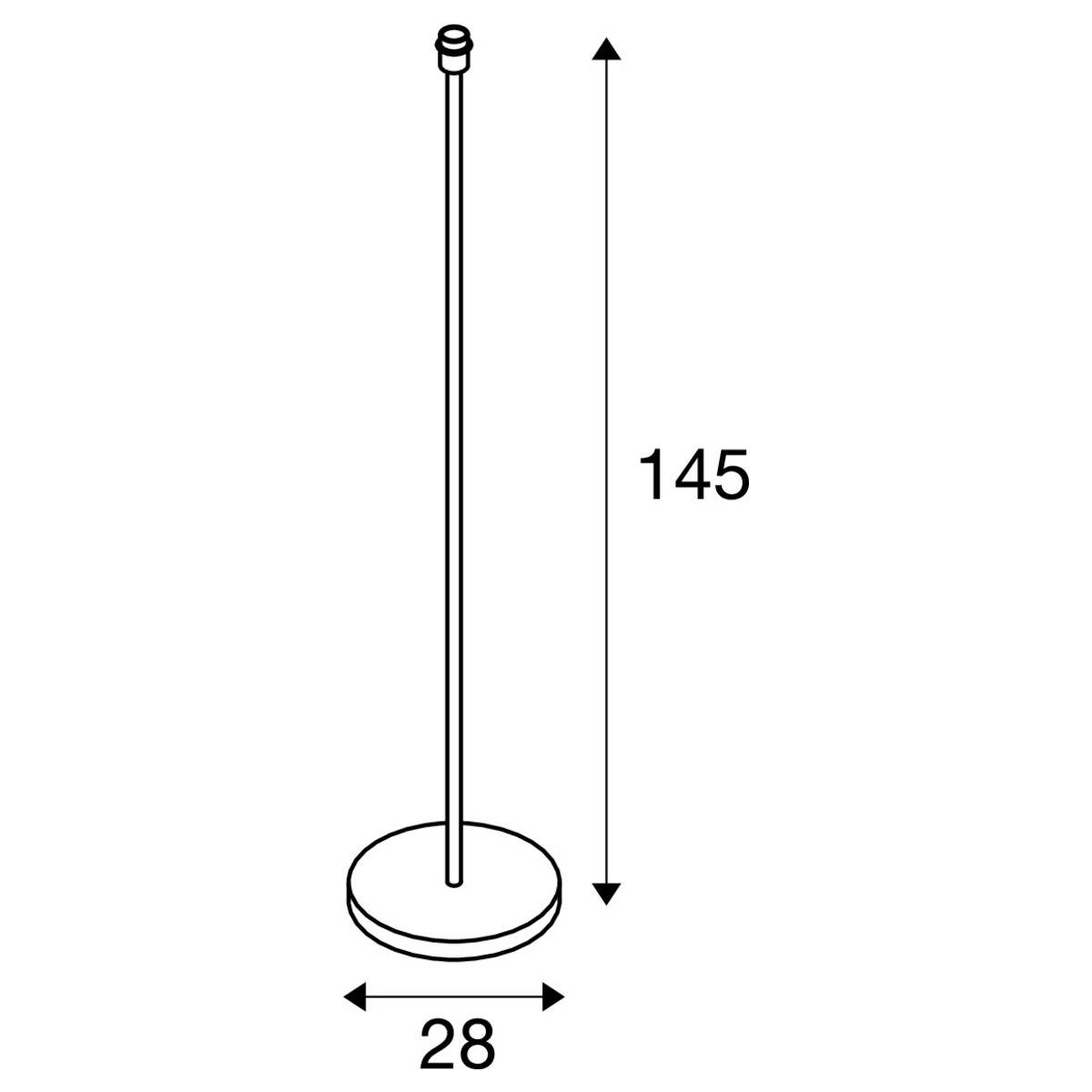 Stehlampe mit rundem Sockel, Höhe 145 cm, Durchmesser 28 cm.