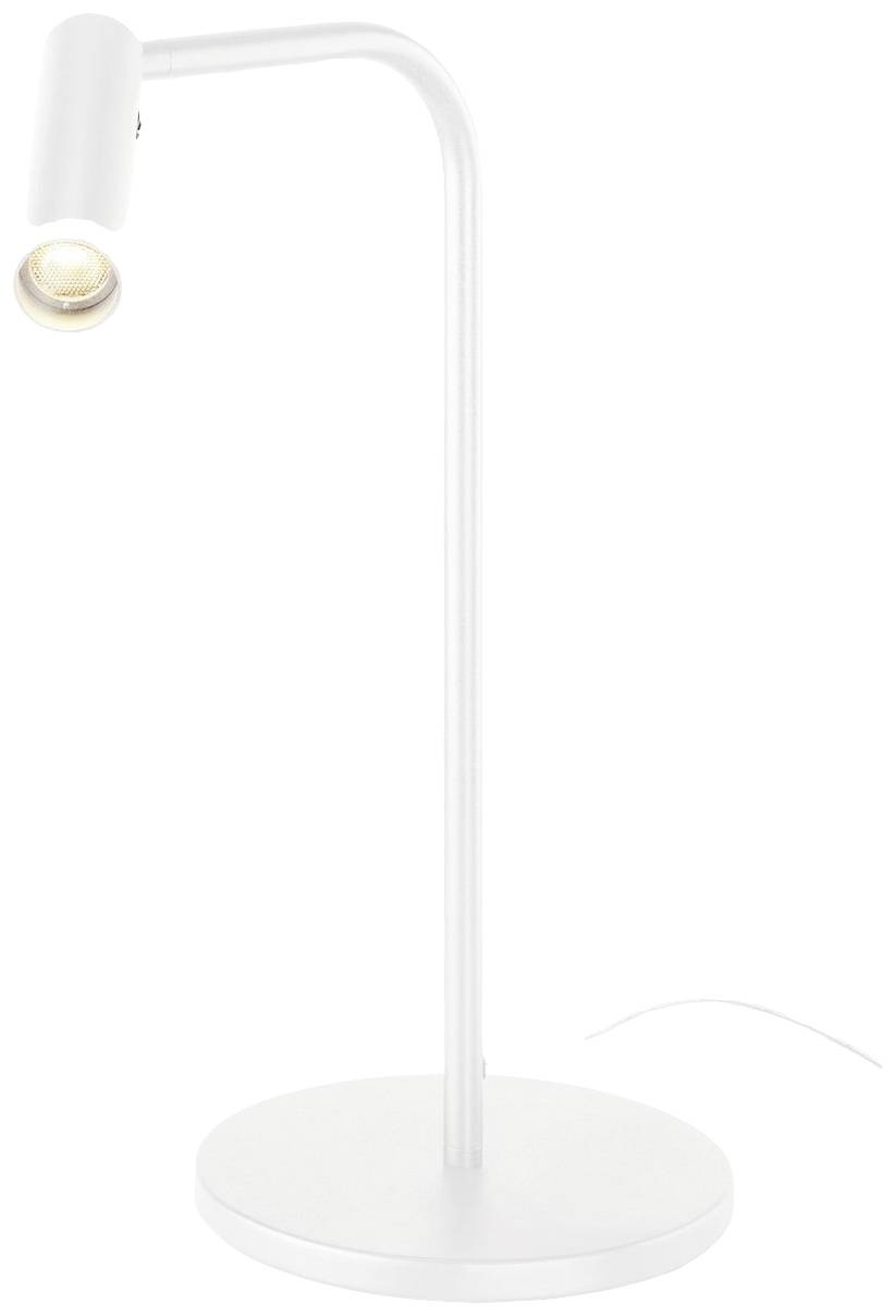 Weiße, minimalistische Tischleuchte mit gebogenem Ständer und zylinderförmigem Leuchtenkopf, auf rundem Sockel stehend.