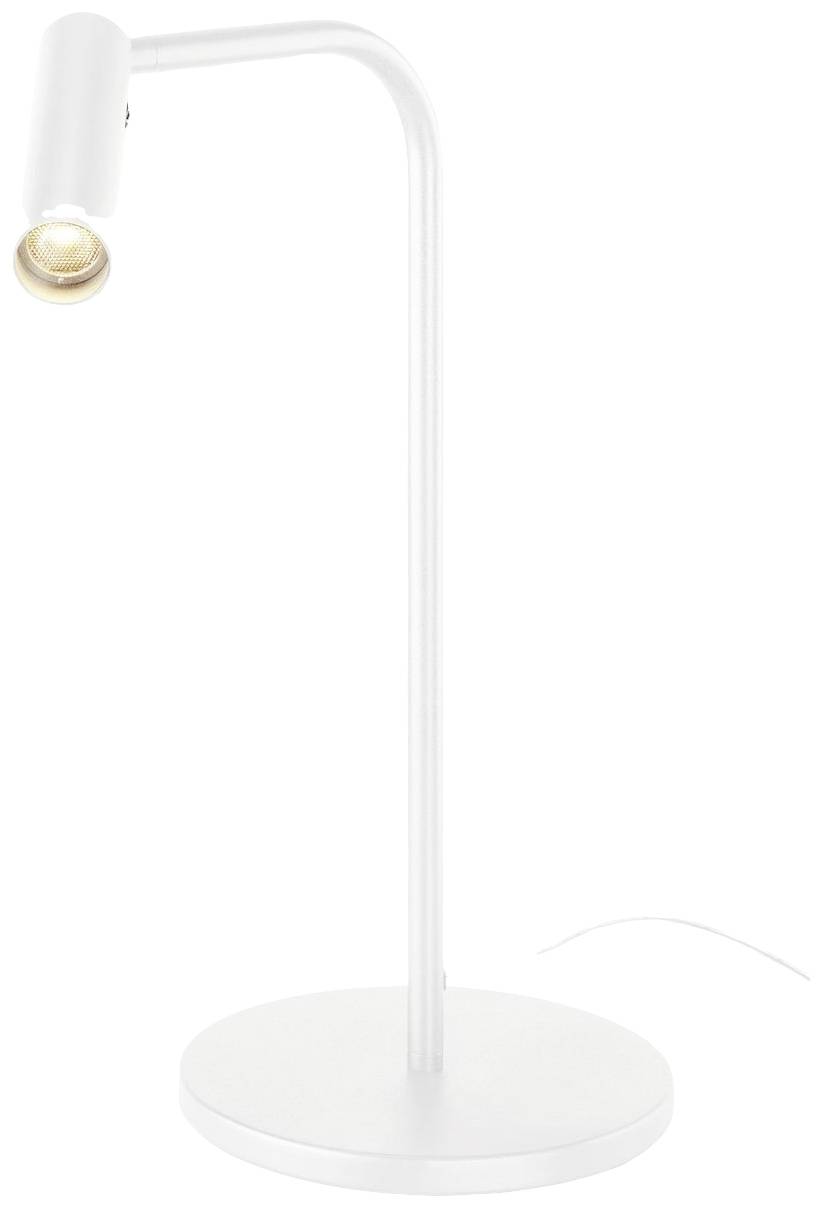 Eine moderne, weiße Tischlampe mit zylindrischem Leuchtkopf und rundem Sockel. Geeignet für Arbeits- oder Schreibtische.