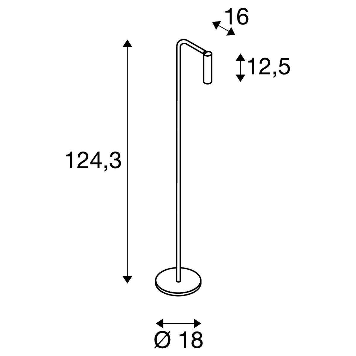 Stehleuchte mit einer Höhe von 124,3 cm und einem Basisdurchmesser von 18 cm. Der Lampenkopf ragt 16 cm horizontal heraus.