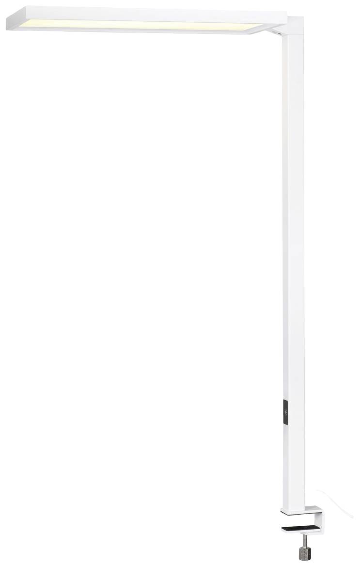 Weiße LED-Schreibtischlampe mit Klemme zur Befestigung an Tischkanten. Innovatives, platzsparendes Design, geeignet für Arbeitsplätze.
