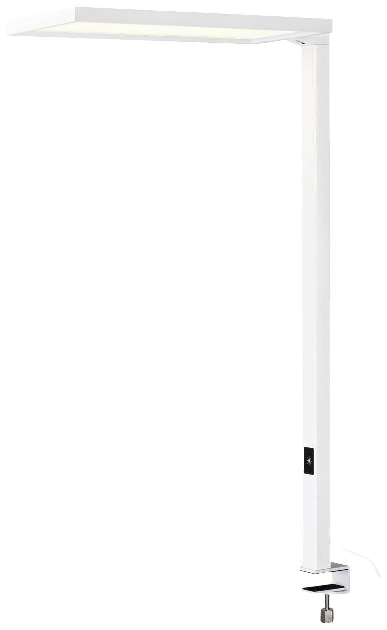 Weiße LED-Schreibtischlampe mit verstellbarem Arm und Klemme zur Befestigung an einer Tischkante, geeignet für Arbeitsbereiche.