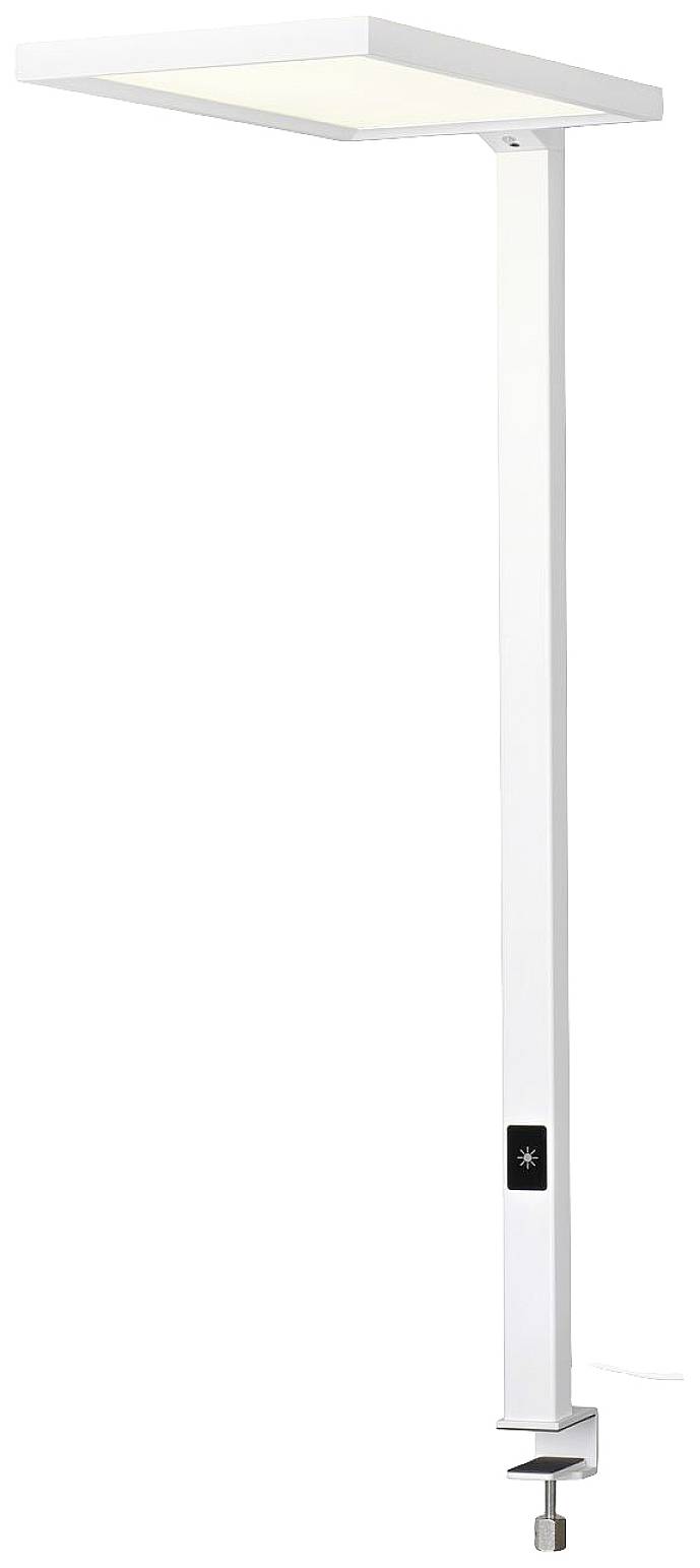 Stehende, quadratische LED-Lampe mit modernem Design und weißem Gehäuse, befestigt an einem Tisch mit Schraubklemme.