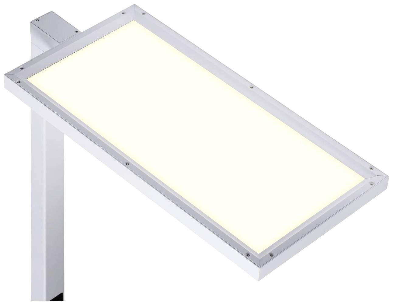 Eine rechteckige, weiße LED-Lampe, montiert an einem Metallarm, leuchtet gleichmäßig.
