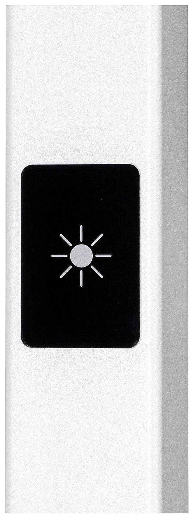 Ein schwarzer Knopf auf einem weißen Hintergrund, mit einem Sonnensymbol, das auf Helligkeit oder Beleuchtung hinweisen könnte.