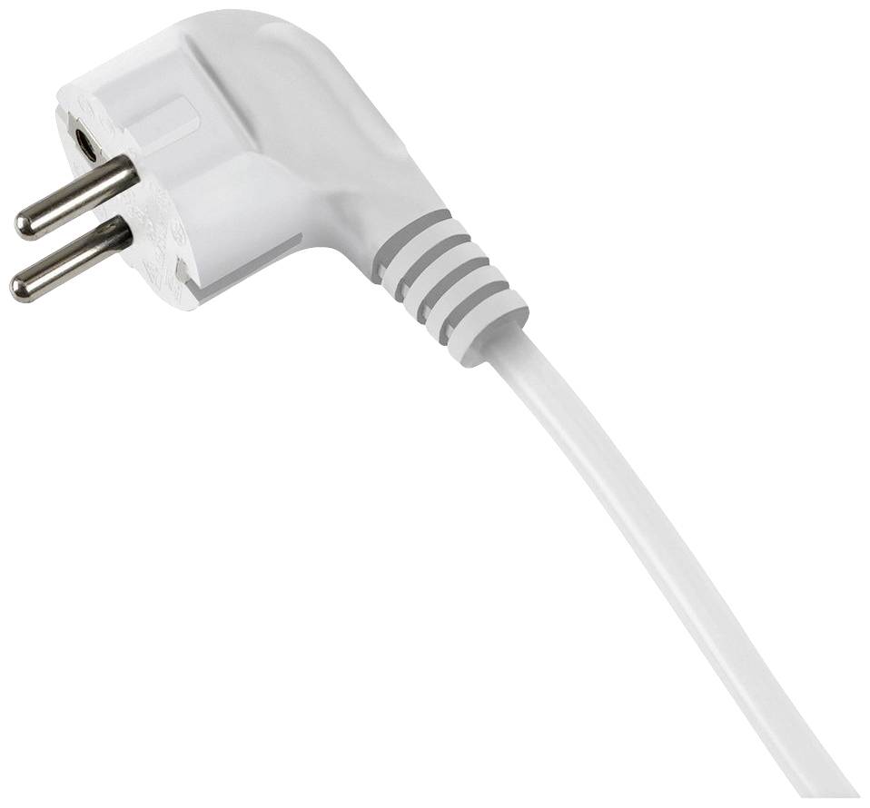 Weißes, abgewinkeltes Netzsteckerkabel mit zwei Metallstiften.