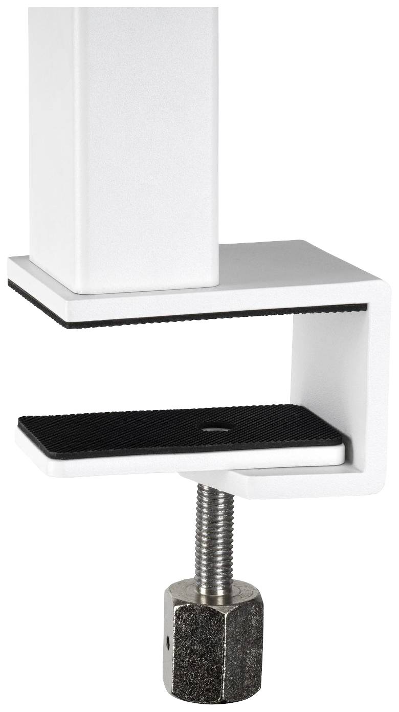Weiße Tischklemme zur Befestigung an Tischplatten. U-förmiges Design mit Metallschraube zur stabilen Fixierung.