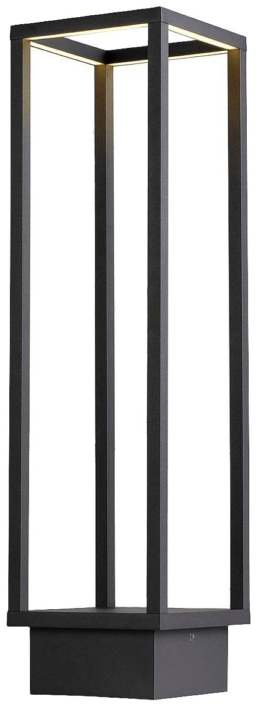 Schwarze, moderne Außenleuchte in rechteckiger Laternenform mit offenem Design, ideal für die Beleuchtung von Wegen oder Gärten.