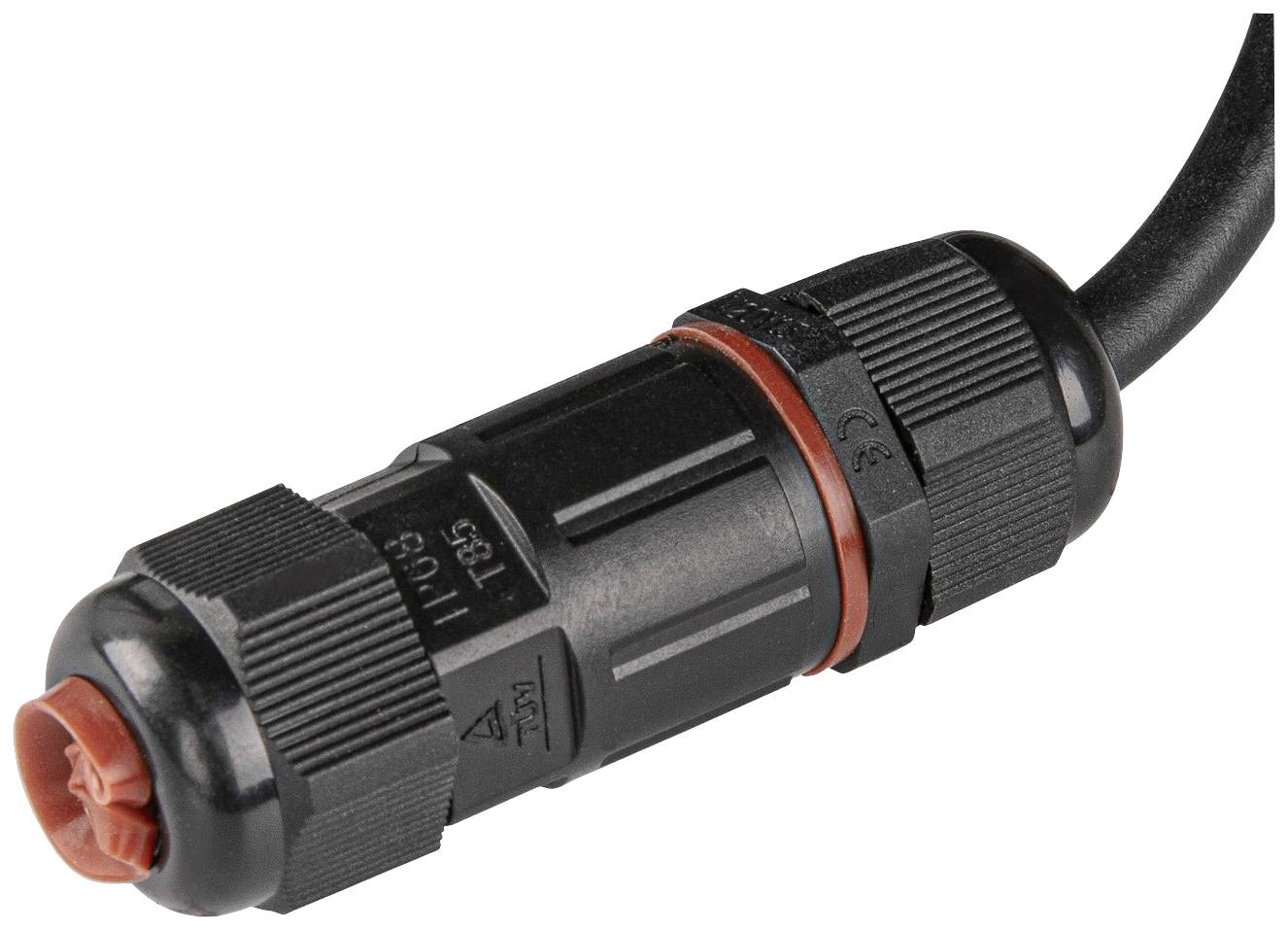 Schwarzer, wetterfester Steckverbinder mit rotem Dichtungsring, angeschlossen an ein Kabel. Geeignet für elektrische Verbindungen im Freien.