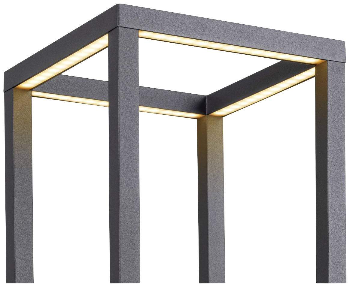 Schwarze, quadratische Leuchte mit LED-Streifen an der Innenseite der oberen Rahmenkanten. Modernes Design.