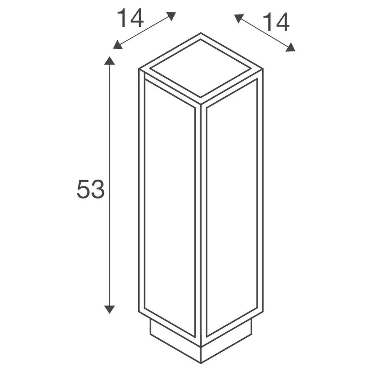 Schematische Darstellung eines rechteckigen Prismas mit den Maßen: Höhe 53, Breite 14, Tiefe 14. Die Maße sind in Pfeilen angegeben.