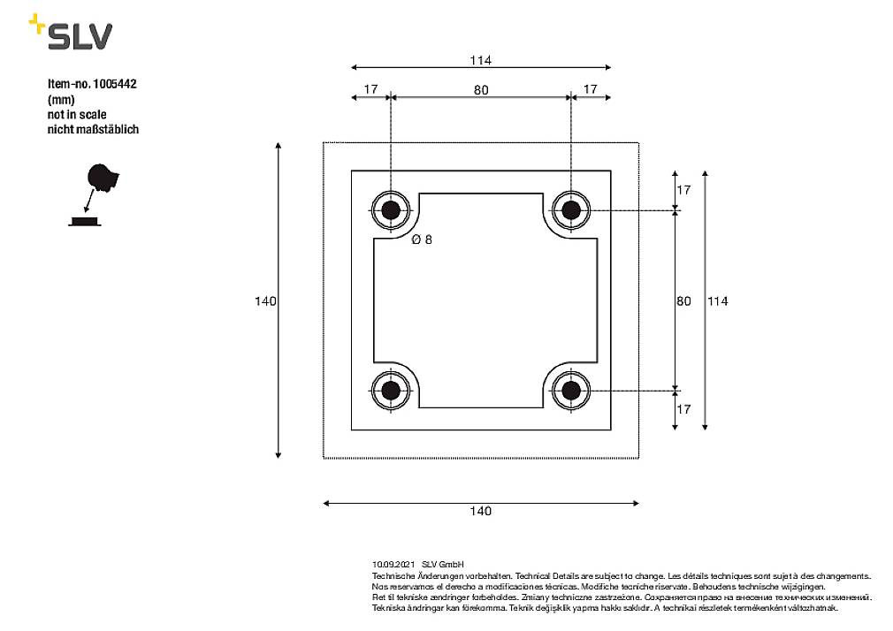 Technische Zeichnung eines quadratischen Plattenhalters mit Maßen und Schraubenlöchern. Abmessungen in mm, nicht maßstabsgetreu.