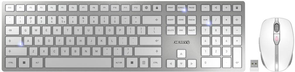 Kabellose silberne Tastatur mit nummerischem Block und Maus, geeignet für Computerarbeitsplätze. USB-Empfänger neben der Maus.