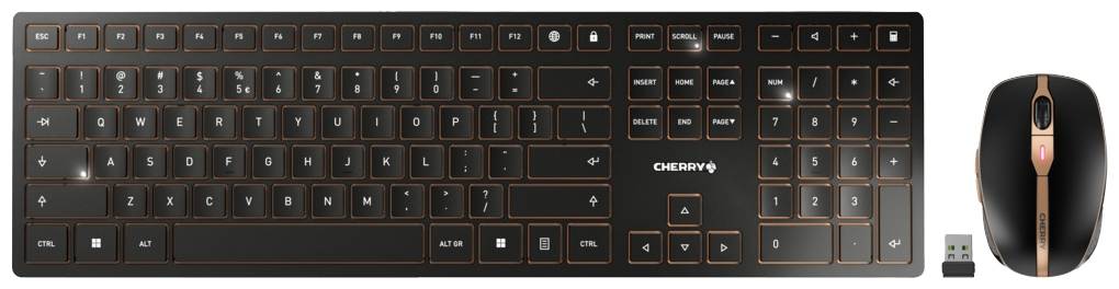Kabellose Tastatur und Maus-Set in Schwarz mit Kupferakzenten. Enthält einen USB-Empfänger. Markentext 'CHERRY'.
