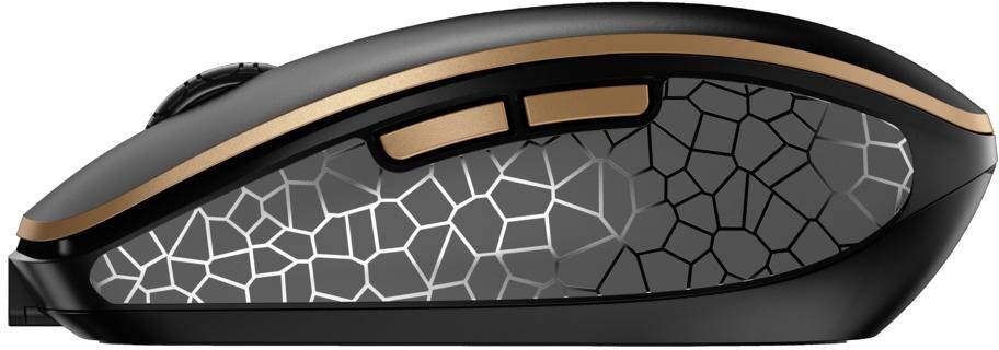 Computermaus mit ergonomischem Design, schwarzem Körper und goldenen Akzenten. Seitenstruktur mit musterförmigen Details. Zwei Seitentasten.