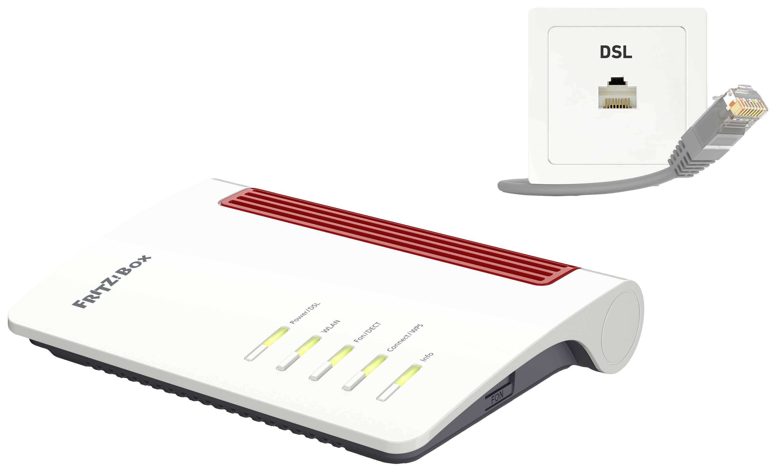 Ein WLAN-Router mit LEDs für Strom, Internet, WLAN und Telefonie wird über ein Netzwerkkabel mit einer DSL-Wandbuchse verbunden.