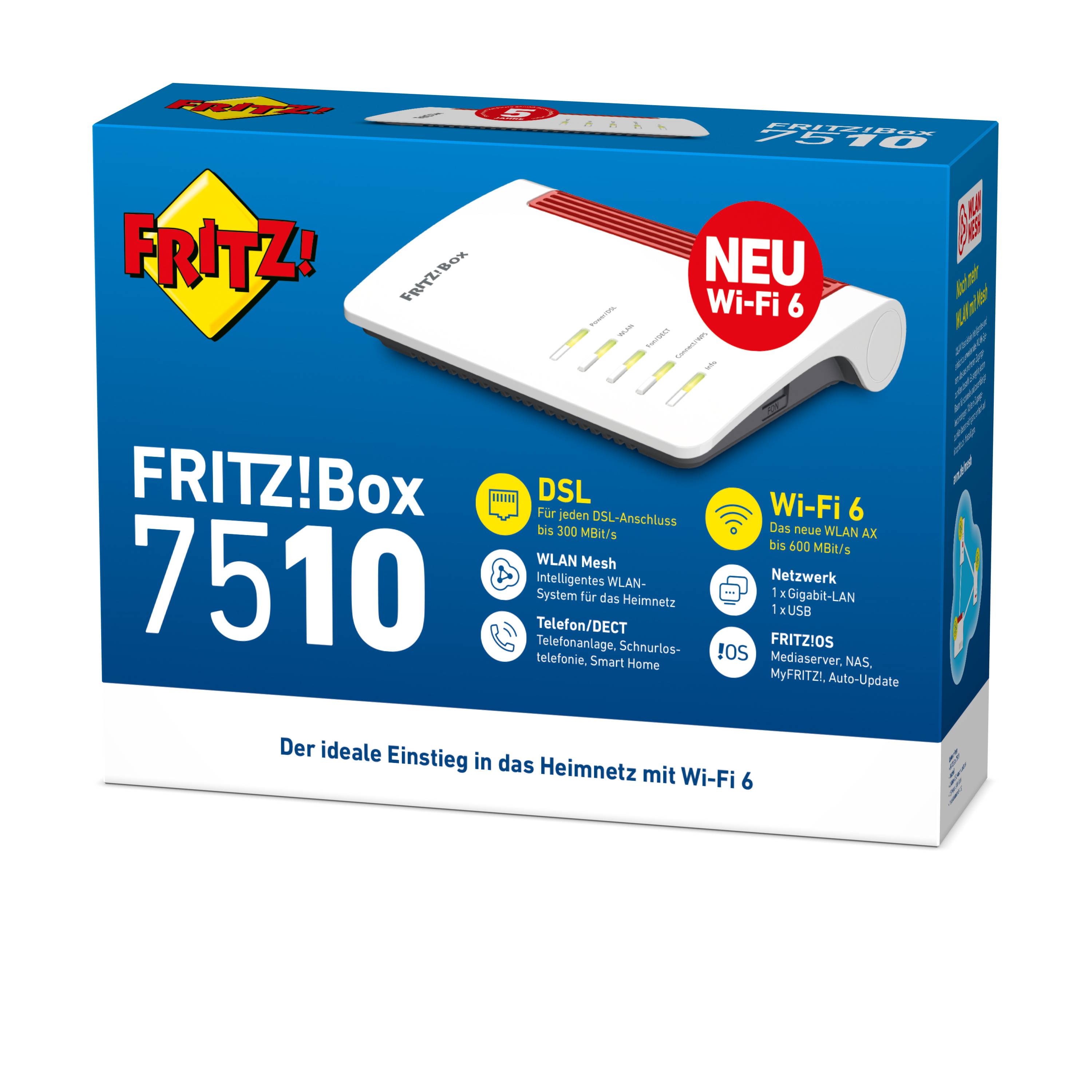 FRITZ!Box 7510 Router mit Wi-Fi 6, geeignet für DSL bis 300 Mbit/s, Mesh-Technologie, Netzwerksymbole und rote 'NEU' Markierung.
