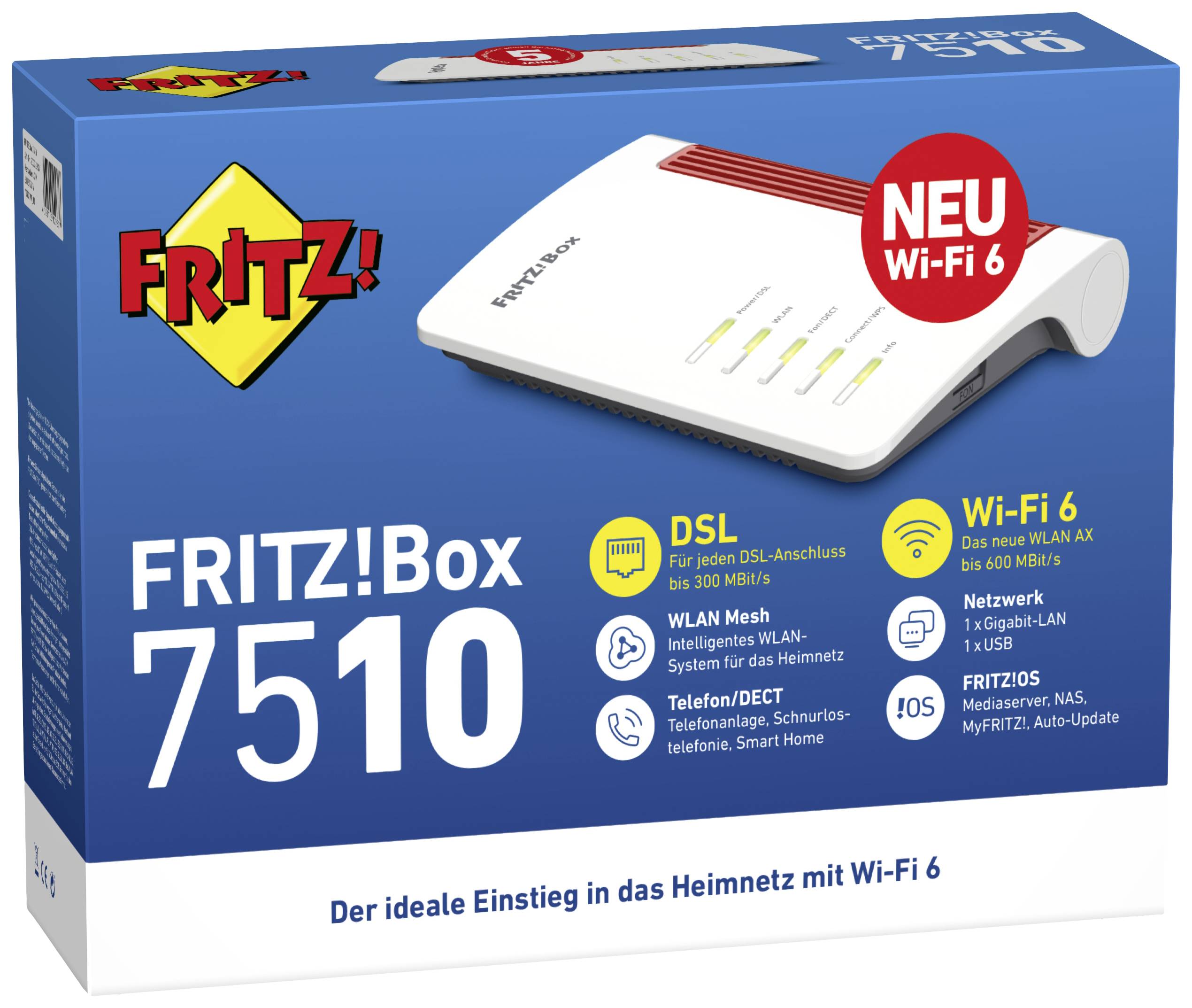 'FRITZ!Box 7510' Verpackung mit Fokus auf Wi-Fi 6, DSL bis 300 MBit/s, Telefon/DECT, und Netzwerkoptionen; ideal für Heimnetzwerke.