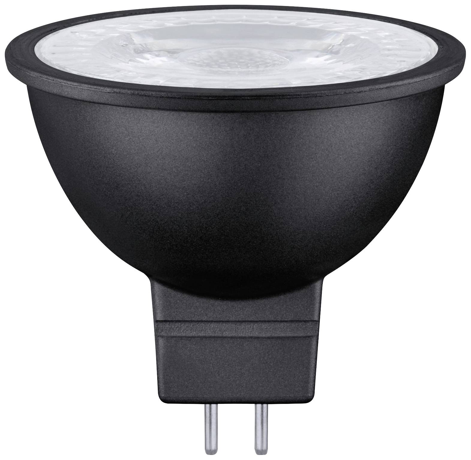 Schwarze LED-Lampe mit GU10-Sockel, seitlicher Blick. Geeignet für energieeffizientes Beleuchten.
