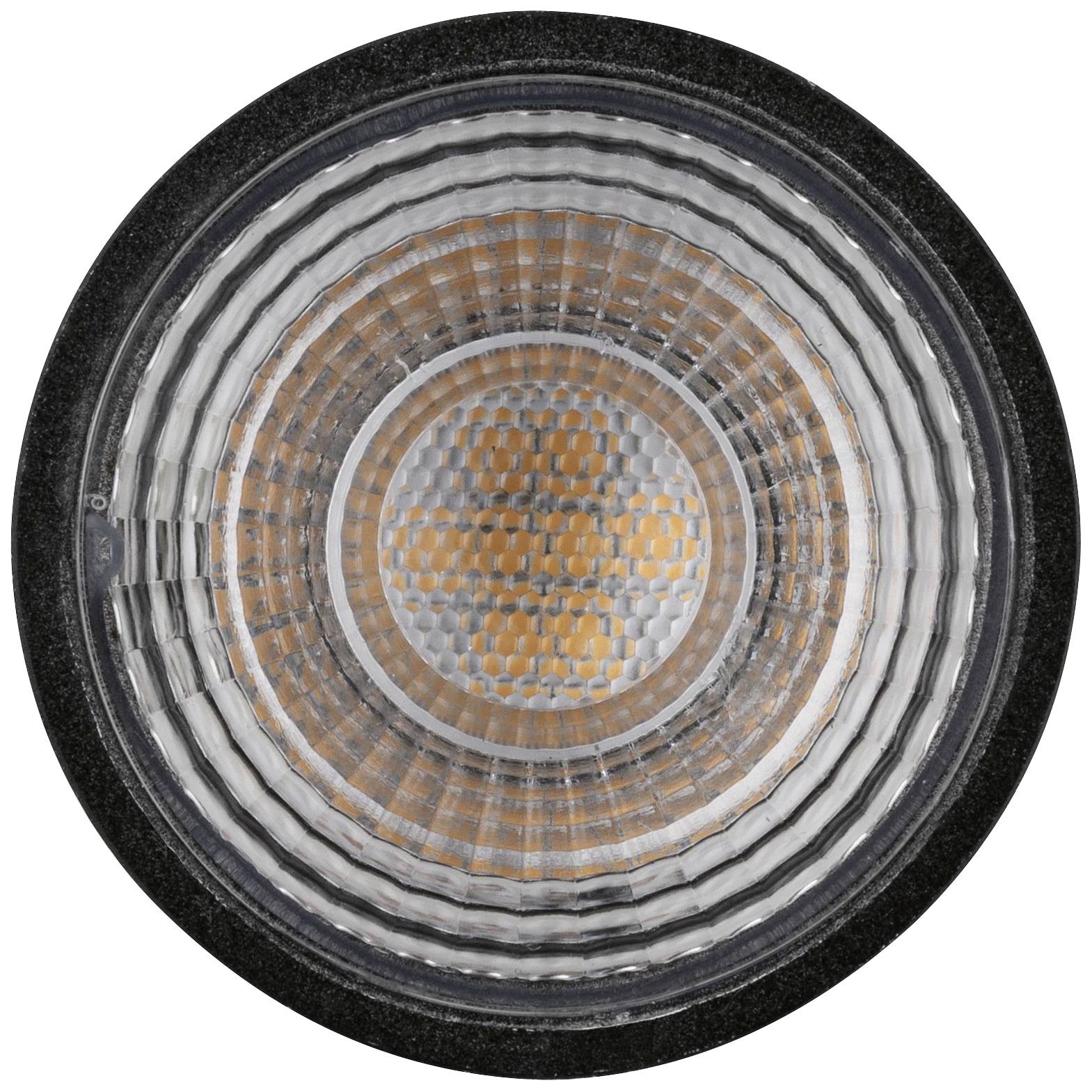 LED-Lichtmodul in runder Form mit schwarzem Rand, zeigt konzentrische, reflektierende Linien und ein wabenmusterähnliches Zentrum.