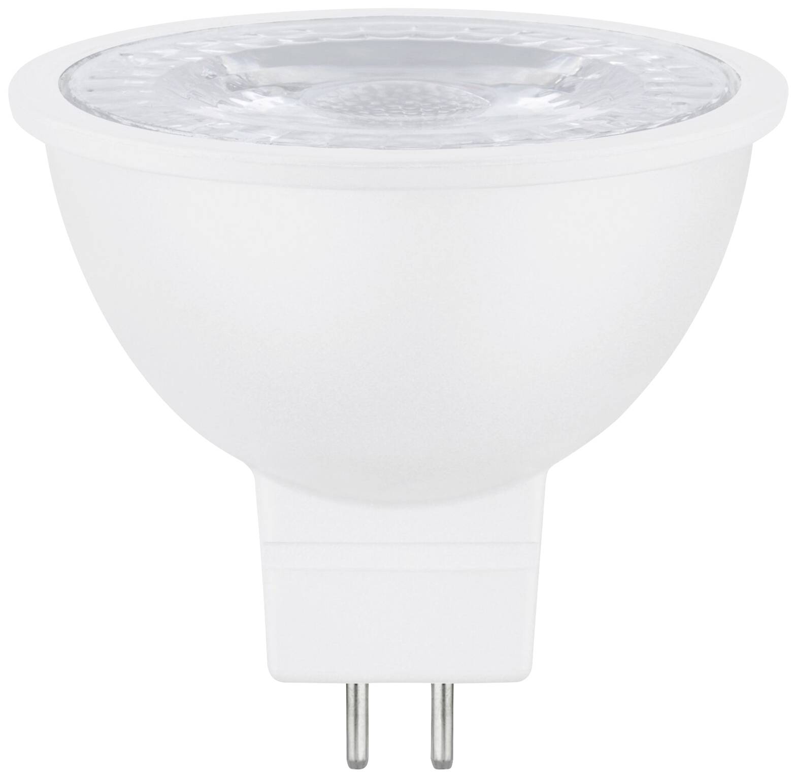 Eine weiße LED-Glühbirne mit GU10-Sockel, geeignet für Spotlampen. Die Birne hat eine runde Form und klare Abdeckung oben.
